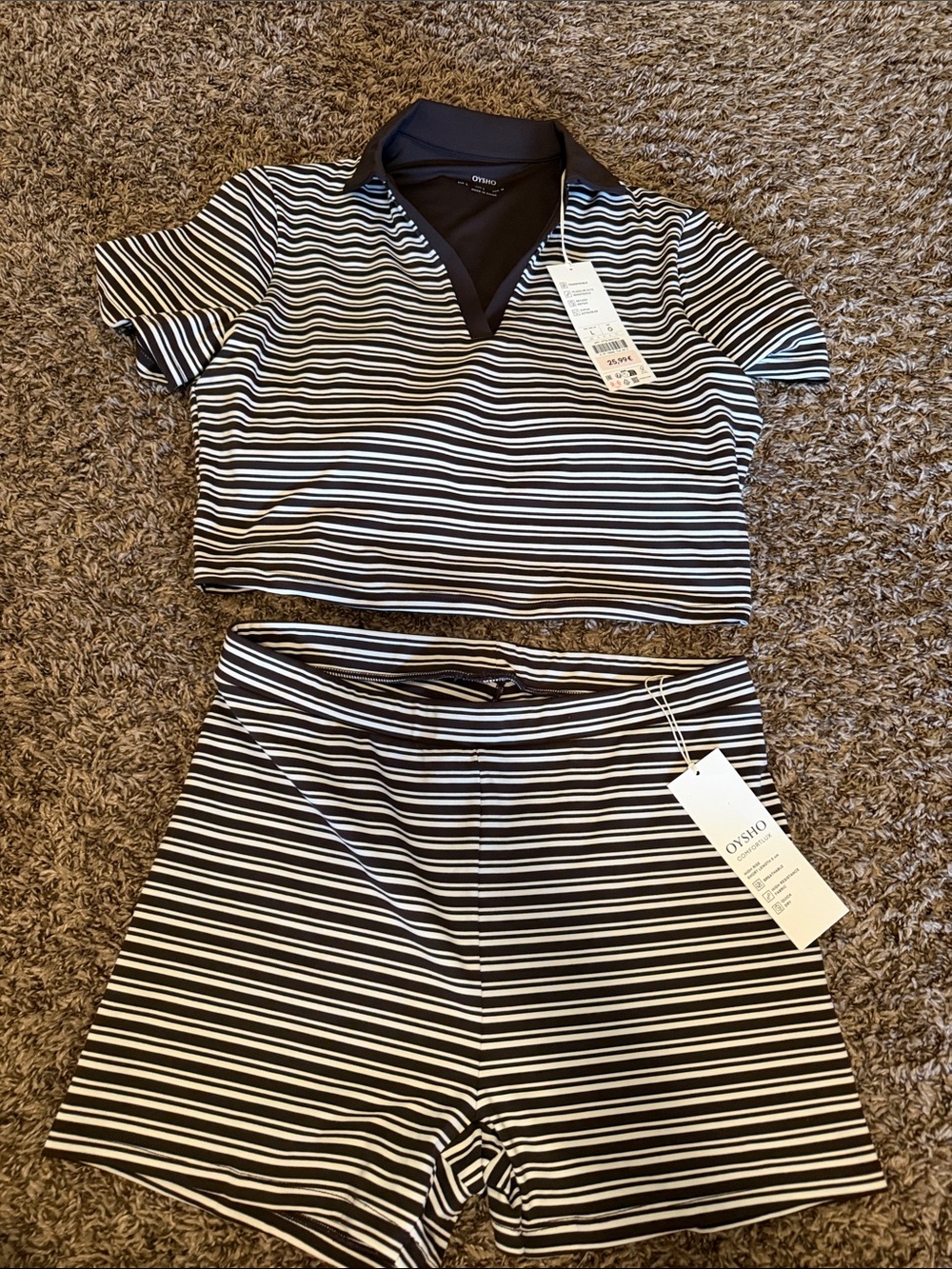 OYSHO Black and White Striped Polo Crop Top & Short Set